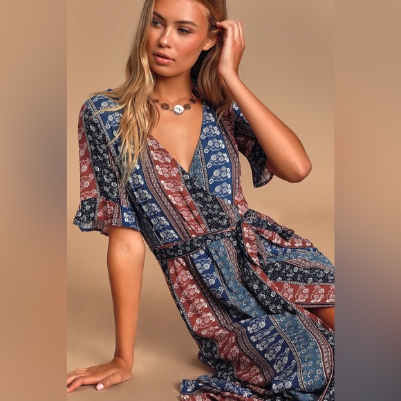 Enchanted Blue and Rust Red Print Ruffled Midi Dress | Lucy Love - Picture 1 of 10